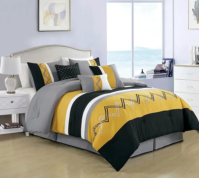 Stylish Chezmoi Collection Arden 7-Piece Modern Pleated Stripe Embroidered Zigzag Bedding Comforter Set Queen Turmeric Black Silver Gray White Sustainable