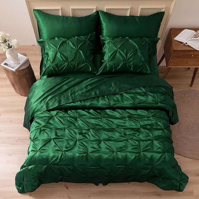 Relaxed MR amp HM Satin Comforter Twin XL 5 Pieces – Luxurious Pinch Pleat Bedding Set with Comforter Flat Sheet Fitted Sheet Pillowcase amp Sham Super Silky Soft Bed Set for All Season Twin XL Dark Green Quality