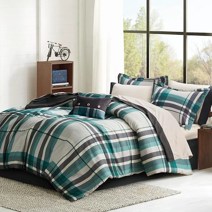 Quality Intelligent Design Robbie 9-Piece Twin Comforter Set – Lightweight All-Season Plaid Bedding Teal Black Cozy Bed-in-a-Bag with Matching Shams amp Decorative Pillow Modern Casual Style Unique