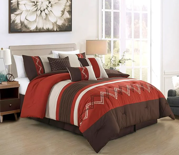 Chezmoi Collection Arden 7-Piece Modern Pleated Stripe Embroidered Zigzag Bedding Comforter Set Queen Spice Brown Coffee Cream Elite