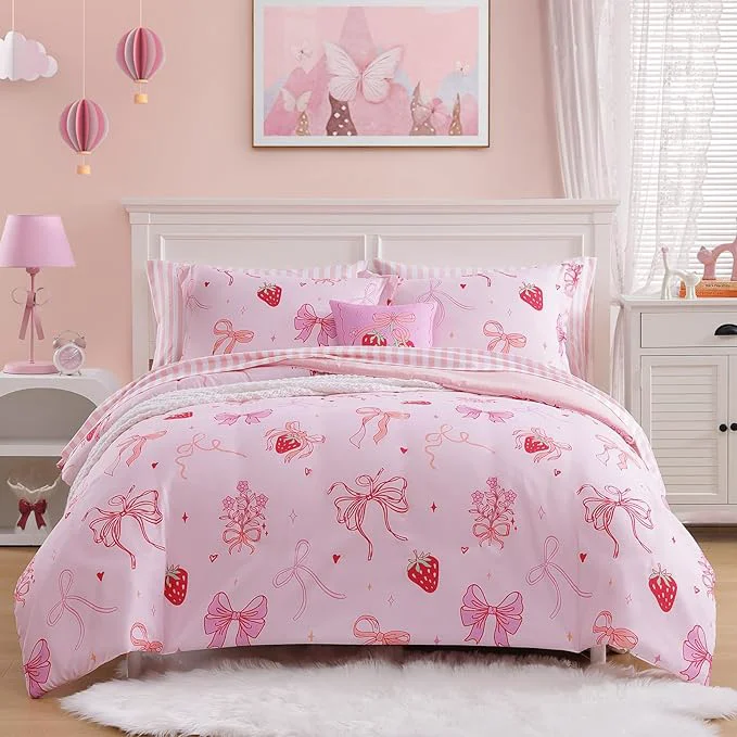 Superior Full Size Comforter Set for Girls-7 Pieces Pink Bow Full Bedding Sets for Kids Ultra Soft Bed in A Bag with Sheets High-End
