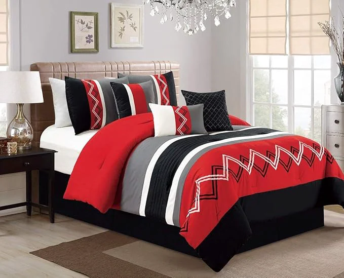 Consistent Chezmoi Collection Arden 7-Piece Modern Pleated Stripe Embroidered Zigzag Bedding Comforter Set King Red Black Gray Off-White Powerful