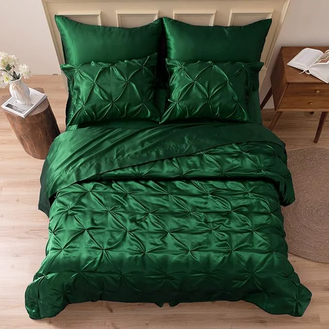 Innovative MR amp HM Satin Comforter King 7 Pieces – Luxurious Pinch Pleat Bedding Set with Comforter Flat Sheet Fitted Sheet Pillowcases amp Shams Super Silky Soft Bed Set for All Season King Dark Green Verified