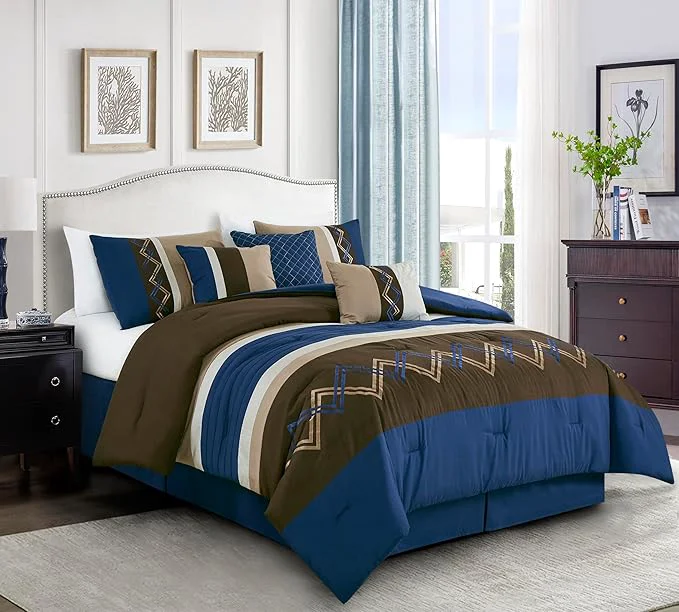 Environmentally Friendly Chezmoi Collection Arden 7-Piece Modern Pleated Stripe Embroidered Zigzag Bedding Comforter Set King Coffee Brown Navy White Unique
