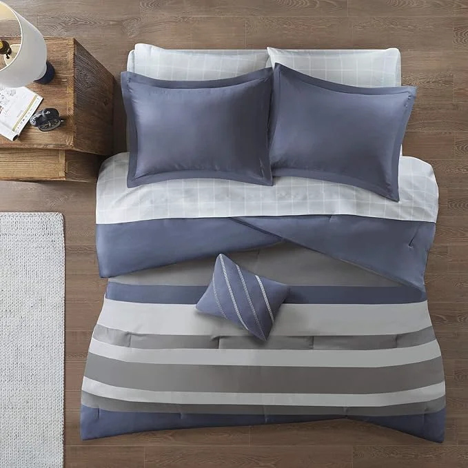Elegant Intelligent Design Marsden Comforter Stripes Design Embroidered Toss Pillow Casual All Season Bedding Matching Sham and Complete Sheet Set Full Blue Grey 8 Piece Easy-to-Use