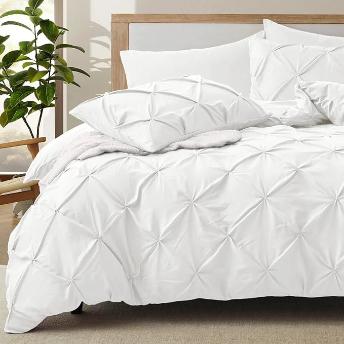 Verified VACVELT 5 Piece Pinch Pleated Duvet Cover Full Queen Size Set White Pintuck Duvet Cover with Zipper amp 8 Ties Shabby Chic Microfiber Duvet Cover 2 Pillow Shams 2 Pillowcases No Comforter Exclusive