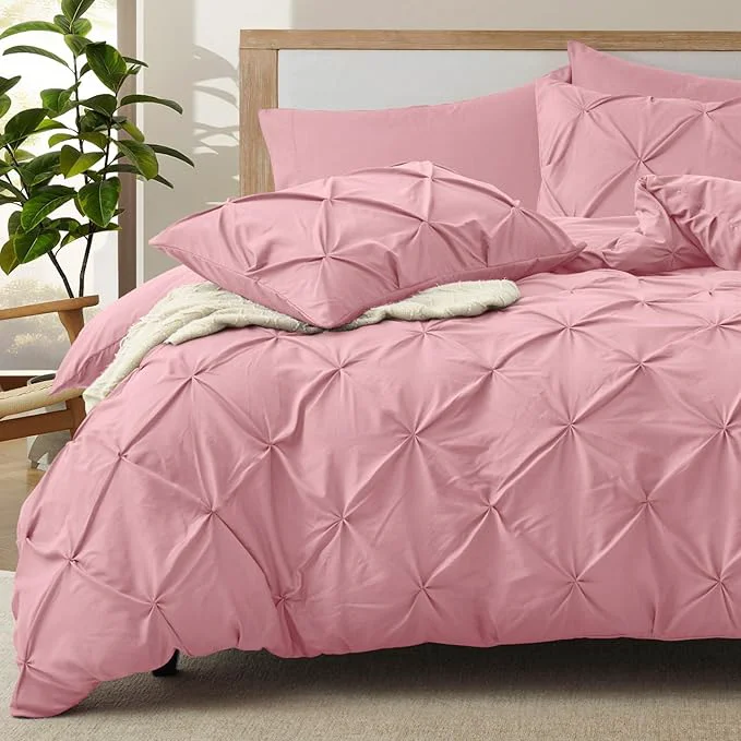 Verified VACVELT 5 Piece Pinch Pleated Duvet Cover King Size Set Pink Pintuck Duvet Cover with Zipper amp 8 Ties Shabby Chic Microfiber Duvet Cover 2 Pillow Shams 2 Pillowcases No Comforter High-Grade