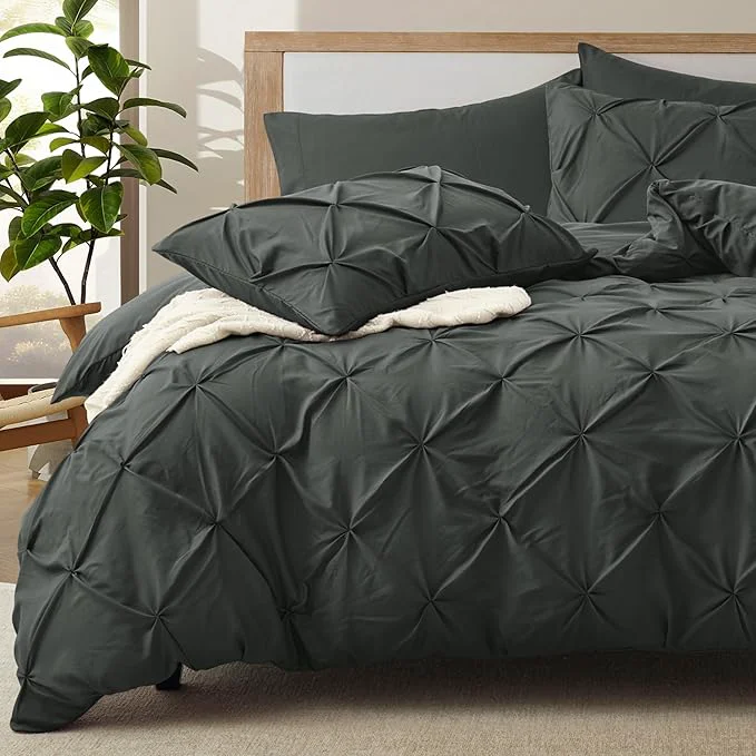 Comfortable VACVELT 5 Piece Pinch Pleated Duvet Cover King Size Set Charcoal Black Pintuck Duvet Cover with Zipper amp 8 Ties Shabby Chic Microfiber 2 Pillow Shams 2 Pillowcases No Comforter Green