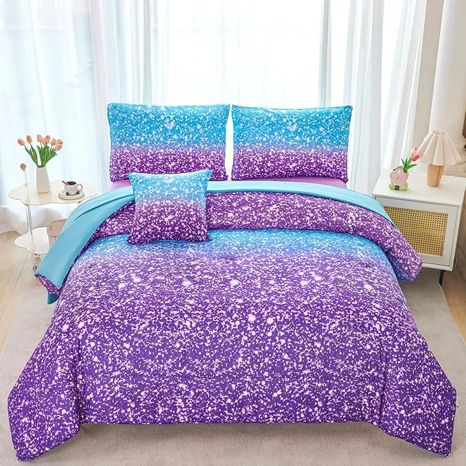 Smart RYNGHIPY Blue Purple Girls Bedding Set 3D Colorful Galaxy Starry Comforter Sets for Girls Kids Queen Lightweight Soft Rainbow Bed in A Bag Detailed