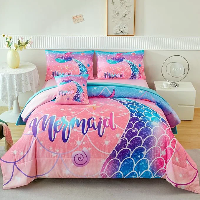 Original RYNGHIPY Mermaid Kids Girls Comforter Set Full Size Pink Blue Gradient Fish Tail Bed in a Bag – Includes Comforter amp Sheet Set for Teens Girls Super Soft Kids Bedding Proven