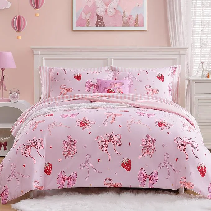 Crafted Twin Comforter Set for Girls-5 Pieces Pink Bow Twin Bedding Sets for Kids Ultra Soft Bed in A Bag with Sheets Official