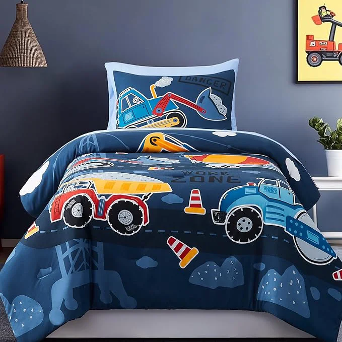 Fast Twin Comforter Set for Boys-5 Pieces Truck Tractor Excavator Glow in the Dark Twin Bedding Sets for Kids Ultra Soft Bed in A Bag with Sheets High-Performance