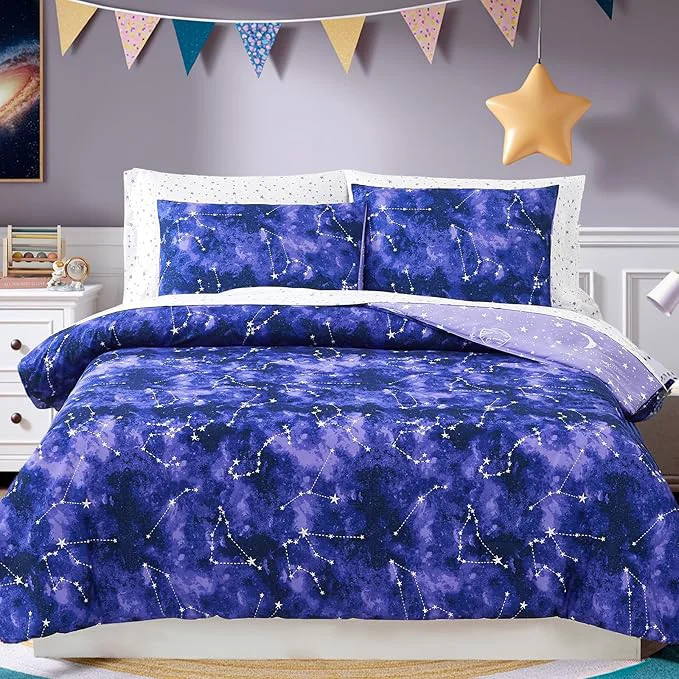 Unique Twin Comforter Set – 5 Pieces Girls Boys Galaxy Glow in the Dark Twin Bedding Sets for Kids Ultra Soft Bed in A Bag with Sheets Practical