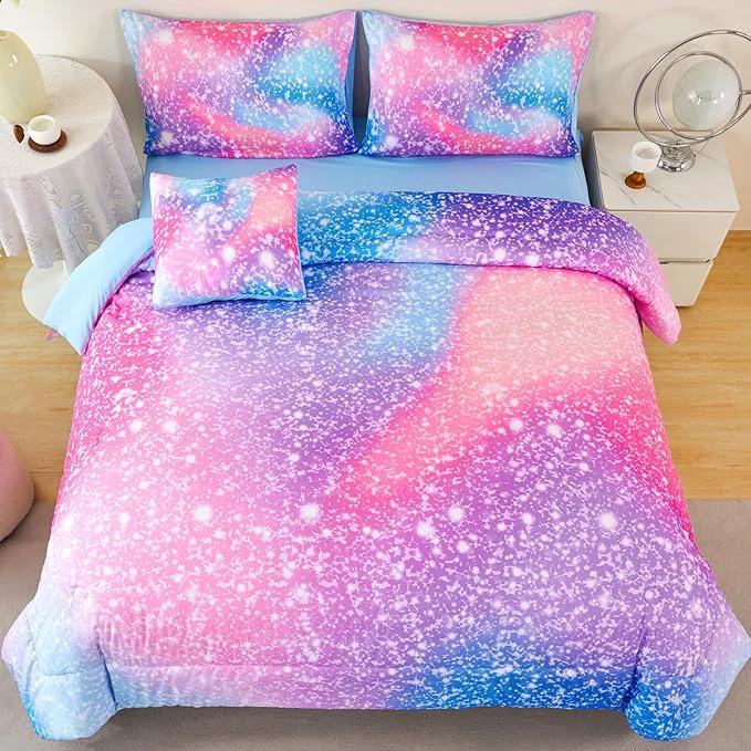 Verified RYNGHIPY 6Pcs Girls Bedding Set Twin Size Colorful Rainbow Comforter Set for Kids Teens Girls Glitter Bedding Set Lightweight Fluffy Top-Quality