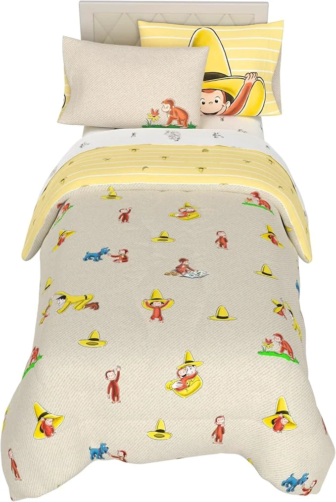 Professional Curious George Bedding Set Twin Size 5 Piece Set Kids Super Soft Cozy Reversible Comforter and Sheet Set with Sham ly Licensed Product by Franco Refined