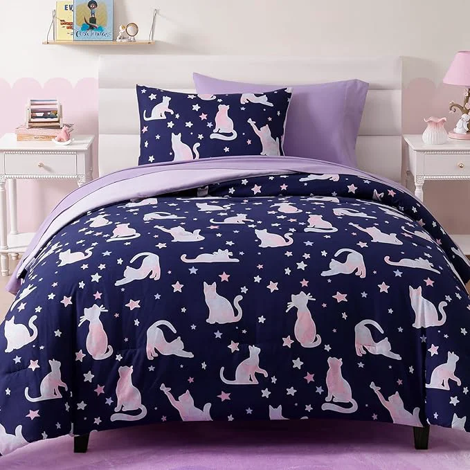 Expertly Made Twin Comforter Set for Girls-5 Pieces Cute Cat Twin Bedding Sets for Kids Ultra Soft Bed in A Bag with Sheets Trendy