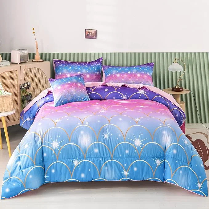 Enhanced RYNGHIPY 6Pcs Teal Pink Sparkle Mermaid Comforter Sets Full Size 3D Rainbow Glitter Girls Bedding Sets Ombre Pastel Fish Scale Bedding Collection Sets Detailed