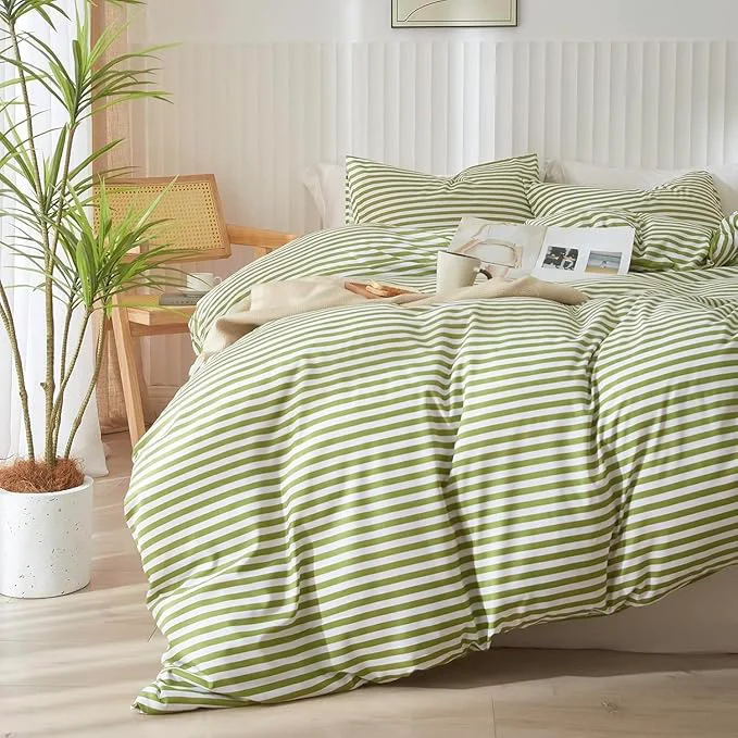 Elite Striped Comforter Set Queen Size 3 Pieces Lightweight Striped Bedding Comforter Set Green White Stripes Pattern Farmhouse Bed Set Soft Fluffy Comforter with 2 Pillowcases for All Seasons Queen Size Optimized