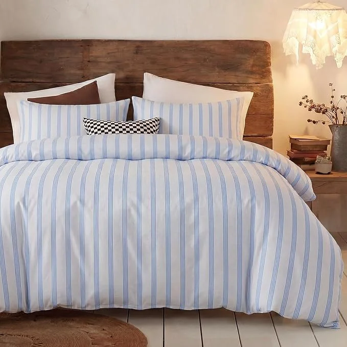 Advanced Bedbay Cotton Striped Duvet Cover Set Queen Size Grey Blue Striped Bedding Cotton Sateen Silky Soft Modern Minimalist 3 Piece Bedding Set for All Seasons Flexible