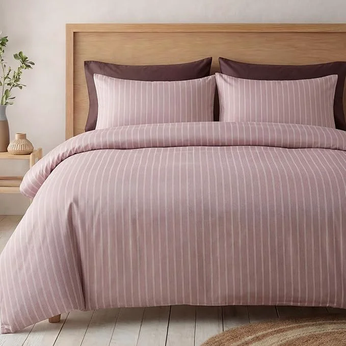 Luxury Bedbay Dusty Rose Striped Duvet Cover Set Queen Size Cotton Sateen Bedding Set 300TC Soft Minimal Hotel Style Comforter Cover 3 Pieces for All Seasons Smart