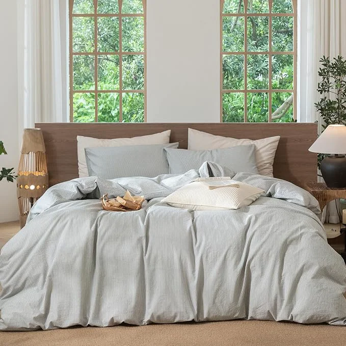 Prestigious MooMee Striped Duvet Cover Set Washed Cotton Linen Like Textured Breathable Durable Soft Comfy Heathered Green Pinstripes Super Queen 90 quot x98 quot Unique