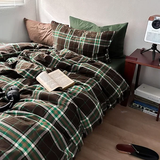 High-Grade LifeTB Brown Green Plaid Comforter Set Twin XL Modern Style 3 Pieces Grid Comforter with 2 Pillowcases Vintage Plaid Checkered Comforter for All Seasons Breathable Soft Fluffy Gingham Bedding Set Contemporary