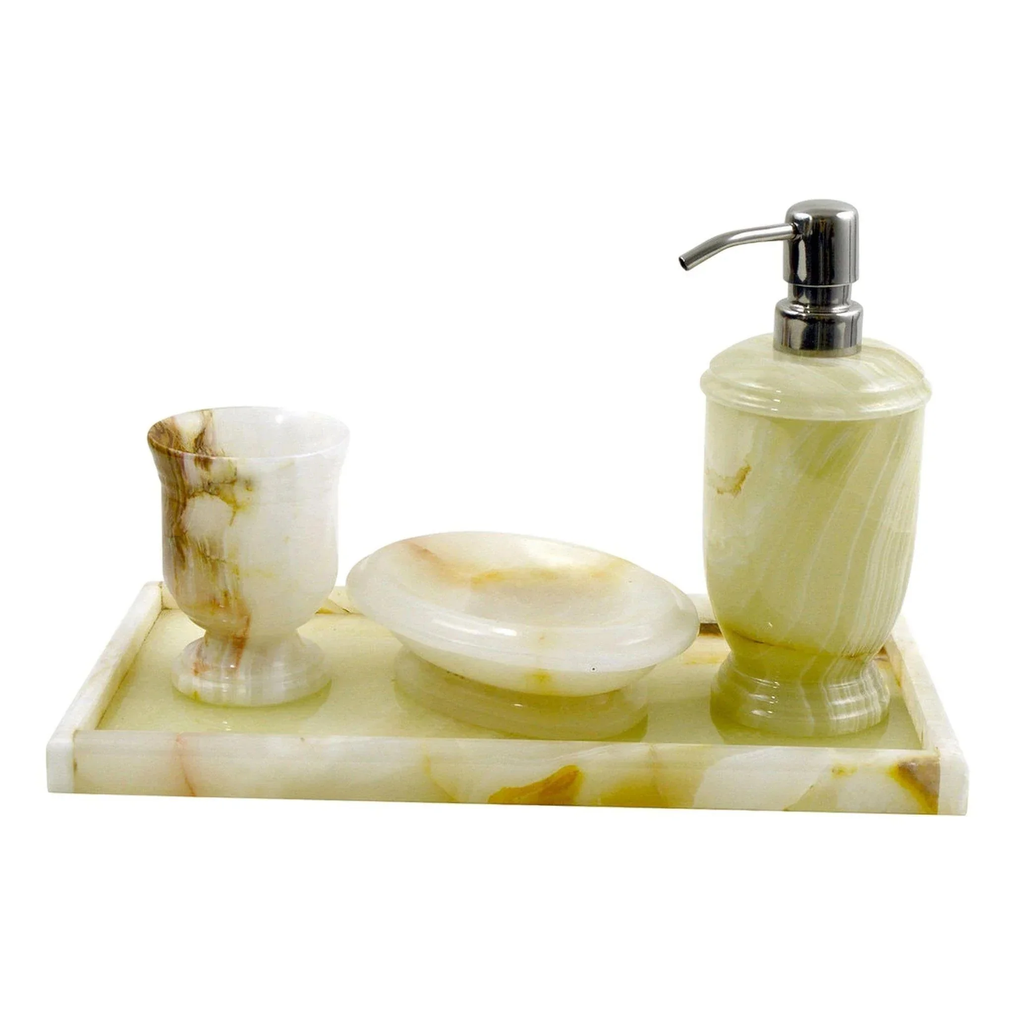 Prestigious White Onyx Stone 4-Piece Bathroom Decor Accessory Set with Vanity Tray. Traditional