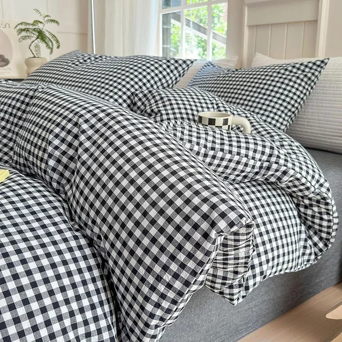 Premium Material LifeTB Queen Comforter Set Black Gingham Comforter Modern Style Checkered Pattern Comforter Set Boho Grid Plaid Bedding Comforter Fluffy Soft Lightweight Grid Bedding Set Queen Size for All Season Fine Crafted