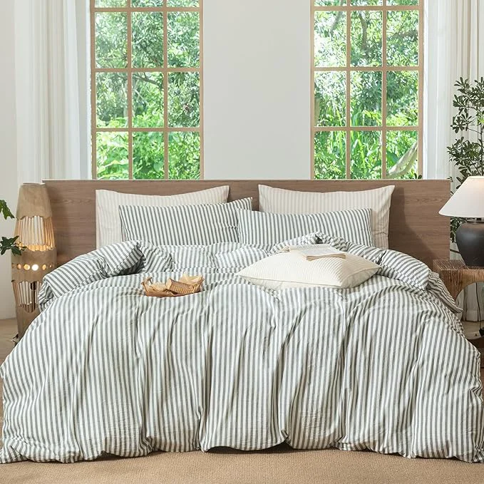 Advanced MooMee Striped Duvet Cover Set Washed Cotton Linen Like Textured Breathable Durable Soft Comfy Heathered Green Classic Stripes Super Queen 90 quot x98 quot Prestigious
