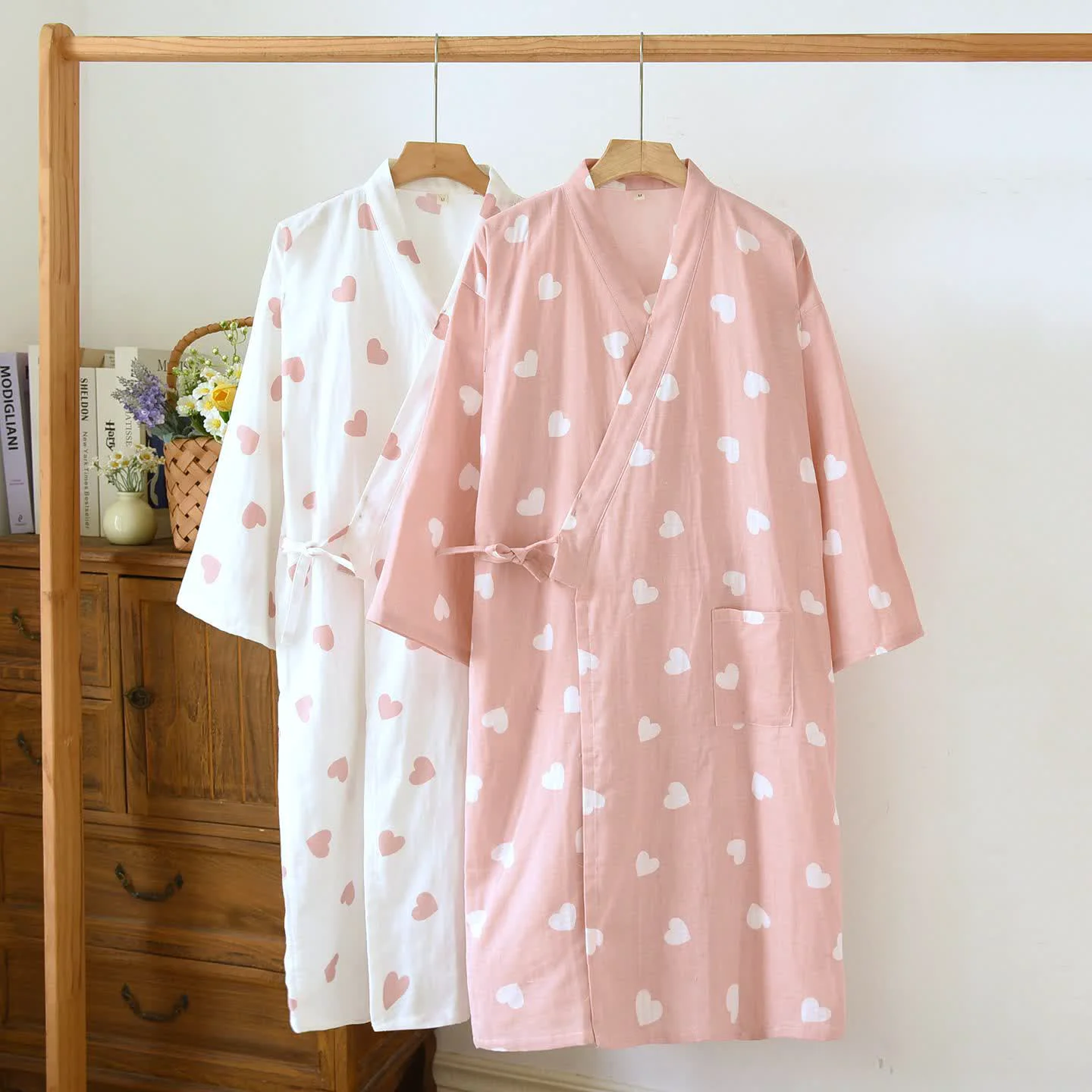 Fashionable Ownkoti Heart Cotton Gauze Kimono Bathrobe Minimalist