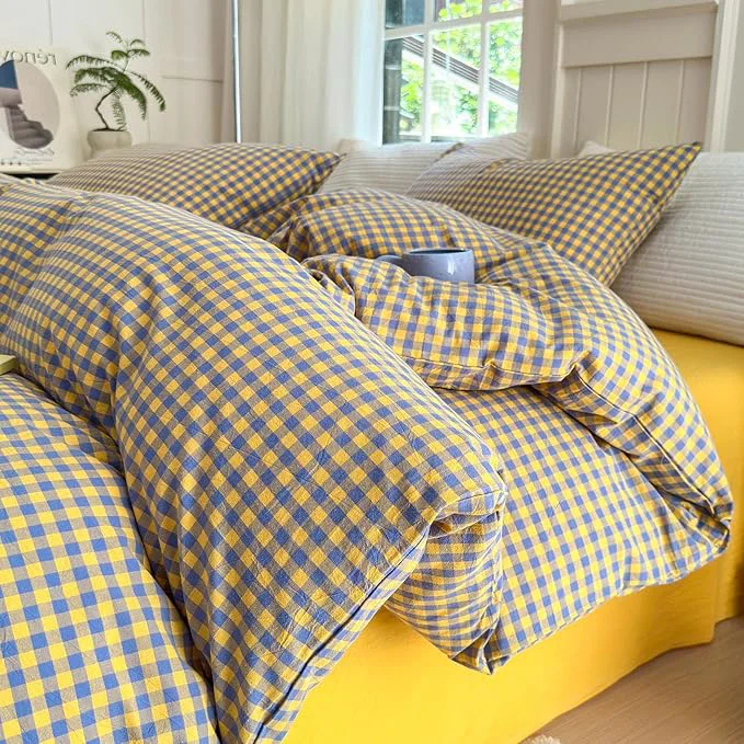 Enhanced LifeTB Queen Comforter Set Purple Yellow Gingham Comforter Geometric Checkered Pattern Comforter Set Boho Grid Plaid Bedding Comforter Fluffy Soft Farmhouse Grid Bedding Set Queen Size Durable Selected