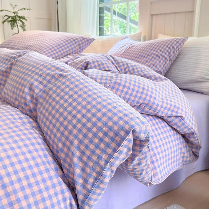 Green LifeTB Purple Gingham Comforter Set Full Modern Style Purple Pink Grid Plaid Comforter Soft Fluffy 3 Pieces Checkered Pattern Comforter Set Farmhouse Gingham Bedding Comforter with 2 Pillowcases Superior