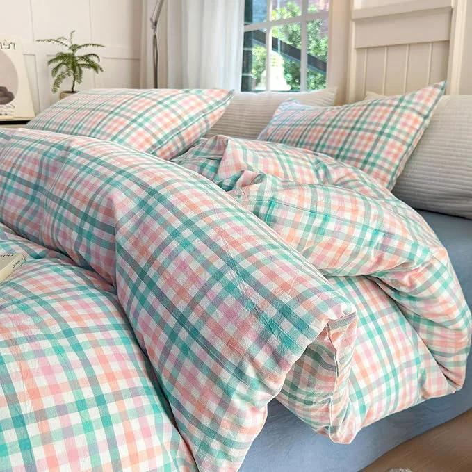 Practical LifeTB Queen Comforter Set Multi-Colored Gingham Comforter Modern Style Checkered Pattern Comforter Set Colorful Grid Plaid Bedding Comforter Fluffy Soft Lightweight Grid Bedding Set Breathable Comfortable