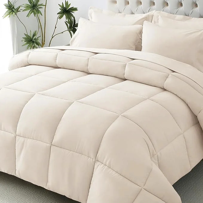 Stylish JOLLYVOGUE California King Comforter Set Ultra-Soft Bed in a Bag Cal King Size 7 Pieces Oeko-TEX Bedding Set with Down Comforter Sheets Pillowcases amp Shams Beige Premium