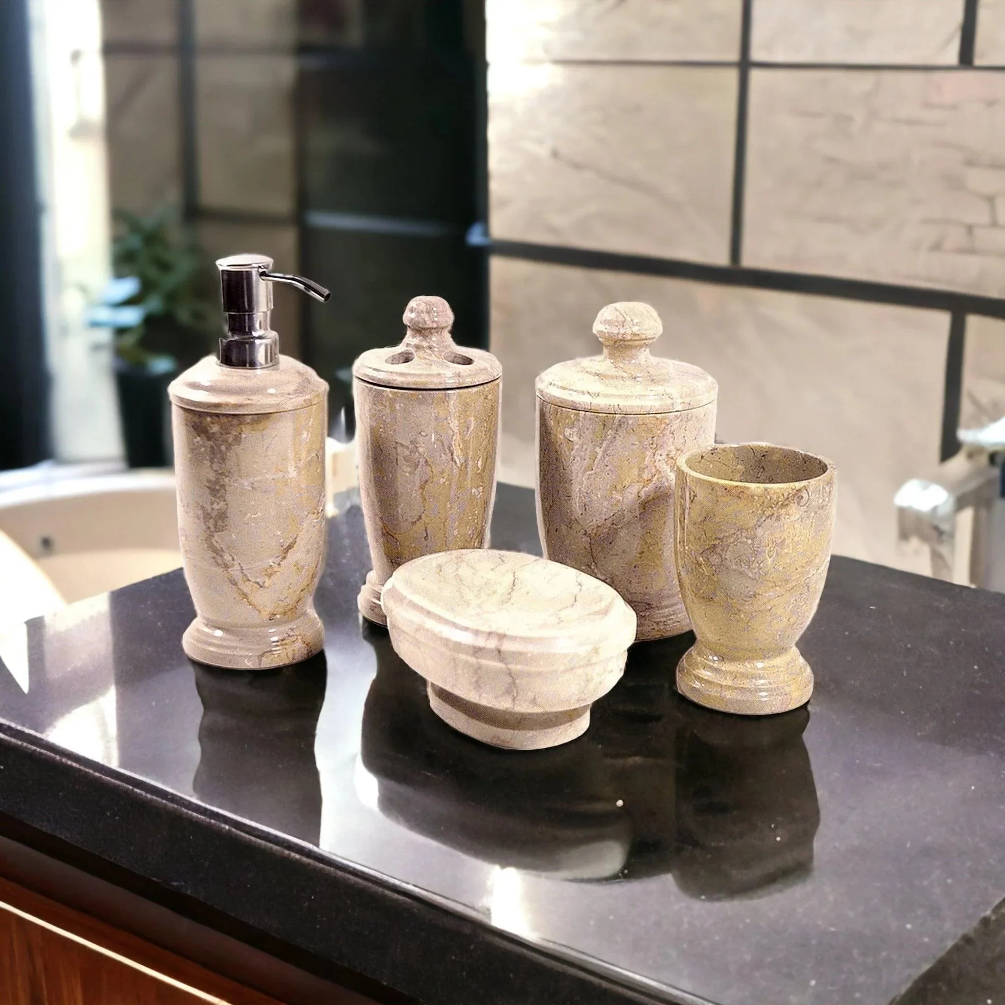First-Class 5 Piece Bathroom Set of Sahara Beige Marble – Atlantic Collection Recyclable