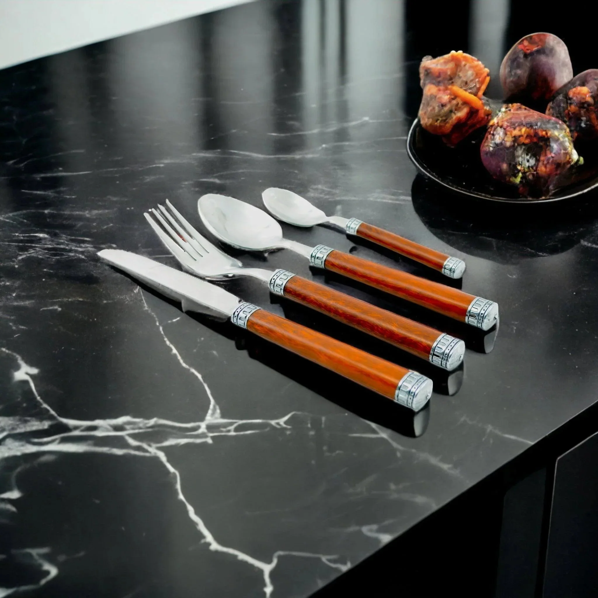 Classic Wood Handle Flatware – 24 Piece Flatware Set for Serving Six Eco-Friendly