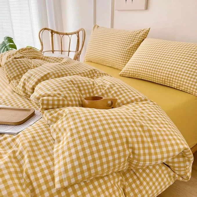 Specialty LifeTB Yellow Gingham Comforter King Comforter Set Geometric Checkered Plaid Bedding Comforter with 2 Pillowcases Fluffy Soft Lightweight Bedding Boho Grid Plaid Comforter Set King for All Seasons Authentic
