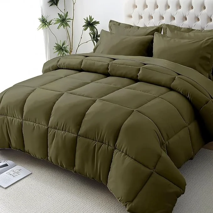 Sophisticated JOLLYVOGUE Queen Comforter Set Ultra-Soft Bed in a Bag Queen Size 7 Pieces Oeko-TEX Bedding Set with Down Comforter Sheets Pillowcases amp Shams Olive Green Comfortable