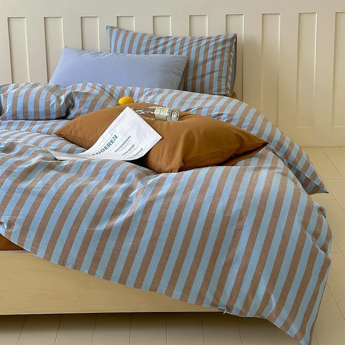 Trusted LifeTB Vintage Striped Comforter Set Twin XL Blue Brown Stripes Print Reversible Bedding Set 3 Pieces Lightweight Bedding Comforter with 2 Pillowcases Farmhouse Striped Twin XL Comforter Set Premium Material