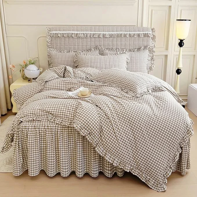 Versatile mixinni Tan Gingham Ruffle Duvet Cover King Size 3 Pieces – Washed Cotton Vintage Plaid Ruffled Bedding Set with Zipper Ties Soft Cream Checkered Grid Farmhouse Chic Comforter Cover Set Practical