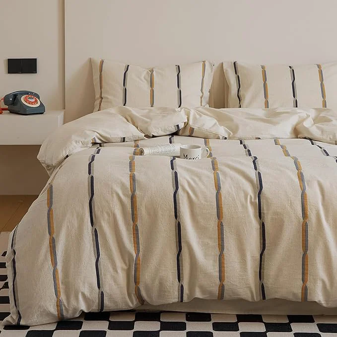 Functional mixinni Cotton Linen Jacquard Duvet Cover Set King 3-Piece Mid-Century Modern Bedding Vintage Striped Bohemian Duvet Cover with 2 Pillowcases All-Season Breathable Comforter Cover-King Size Specialty