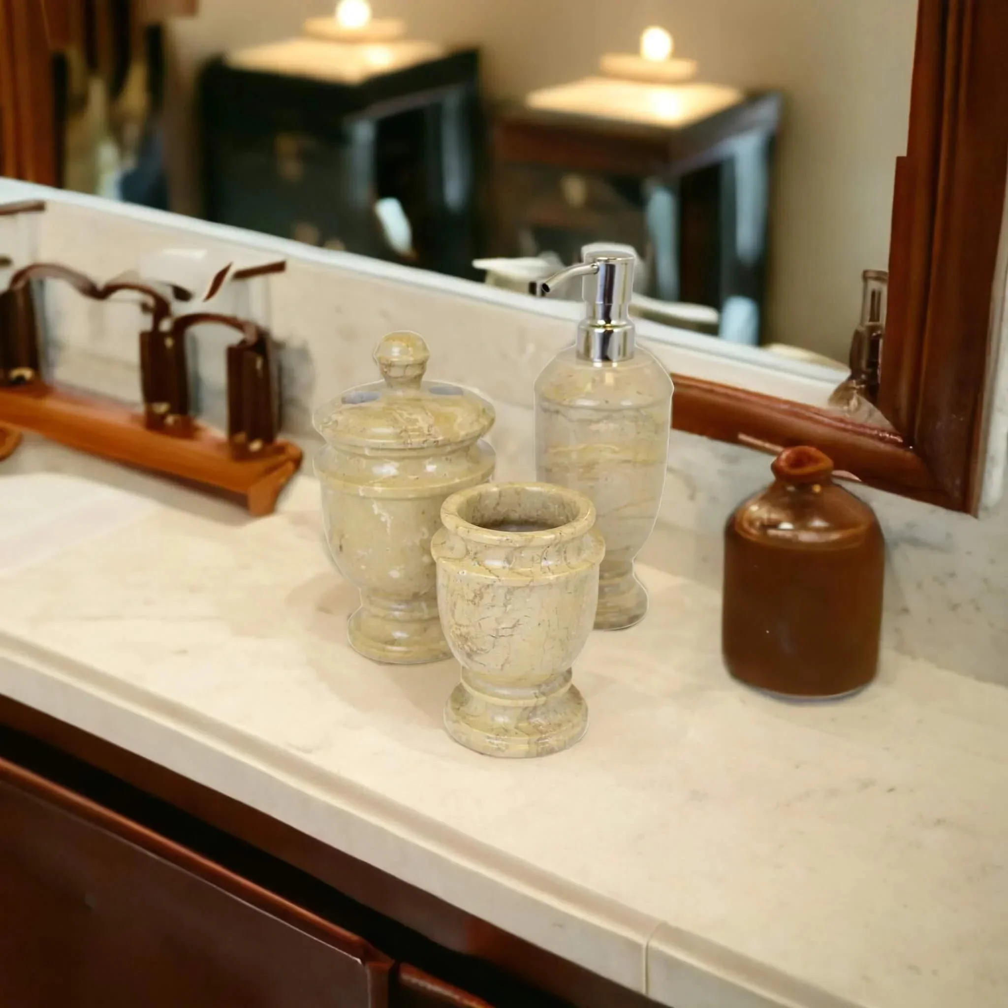 Luxury 3 Piece Bathroom Accessory Set- Elegant Bathroom set in Sahara Beige Marble Dependable