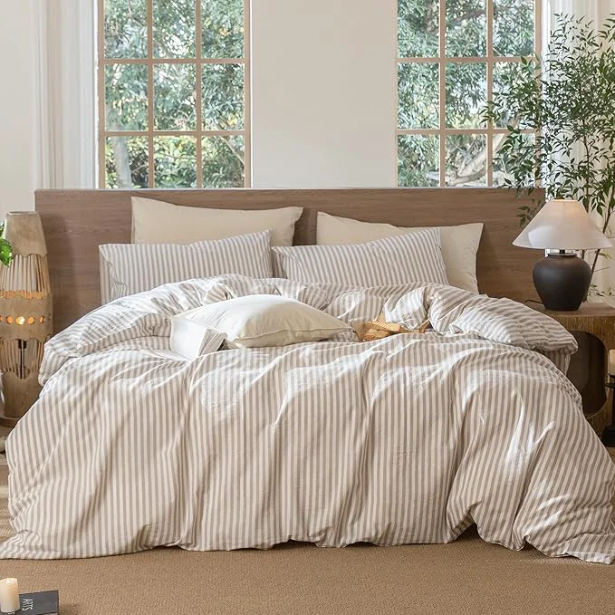 Outstanding MooMee Striped Duvet Cover Set Washed Cotton Linen Like Textured Breathable Durable Soft Comfy Tannish Linen Grey White Classic Stripes Alaska King 132 quot x120 quot Trendy