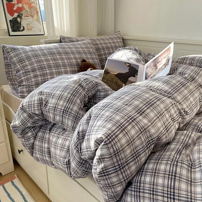 World-Class mixinni Queen Duvet Cover Set – 3 Piece Vintage Buffalo Plaid Bedding Washed Cotton Duvet Cover with 2 Pillowcases Soft amp Breathable Navy Beige White Geometric Grid Pattern for All Seasons Fast