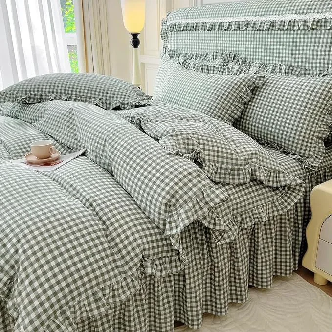 Stylish LifeTB Twin XL Comforter Set Green Gingham Comforter for Men Boys Ruffle Plaid Comforter Set Checkered Grid Bed Comforter with 2 Pillowcases Fluffy Soft Vintage Plaid Gingham Bedding Set Twin XL Consistent
