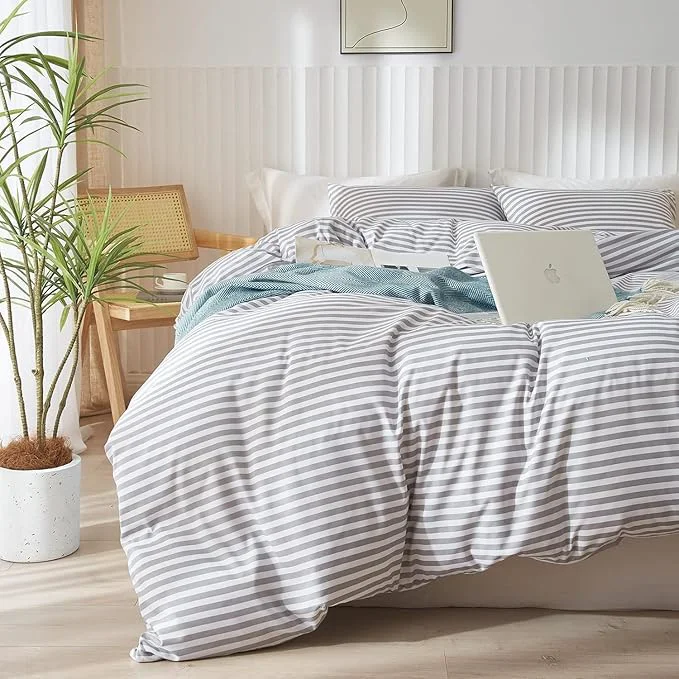 Trusted King Size Comforter Set 3 Pieces Striped Comforter Set King Modern Style Boho Bedding Comforter White Grey Stripes Pattern Comforter Set Fluffy Lightweight Farmhouse Bed Comforter for All Season Stylish