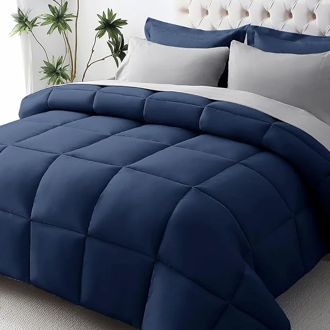 Smart JOLLYVOGUE Twin XL Comforter Set Ultra-Soft Bed in a Bag Twin XL Size 5 Pieces Oeko-TEX Bedding Set with Down Comforter Sheets Pillowcases amp Shams Navy Blue amp Light Grey Lightweight