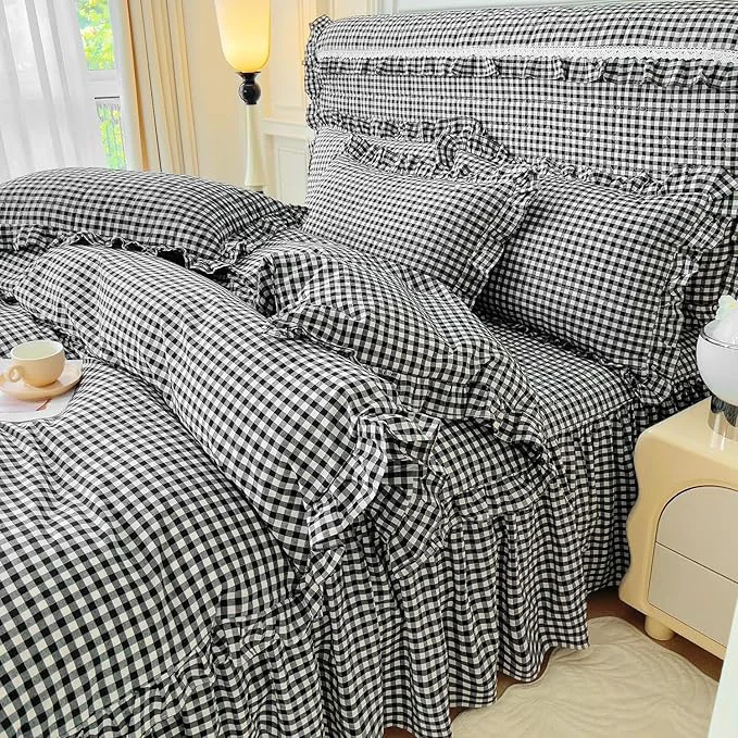 Contemporary LifeTB Queen Comforter Set Black Gingham Comforter Vintage Ruffle Checkered Pattern Comforter Set Boho Grid Plaid Bedding Comforter Fluffy Soft Chic Gingham Bedding Set Queen Size for All Season Excellent