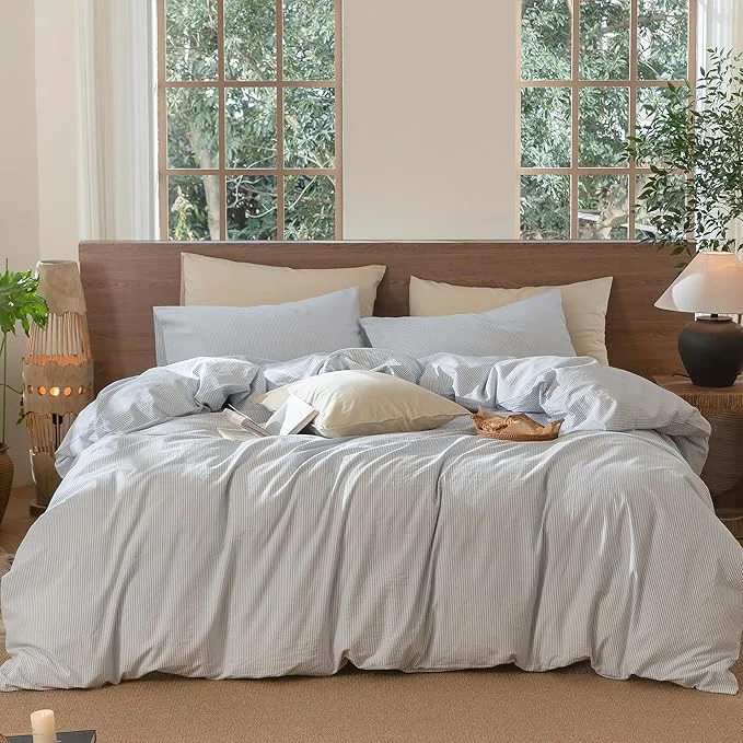 Stylish MooMee Striped Duvet Cover Set Washed Cotton Linen Like Textured Breathable Durable Soft Comfy Cornflower Blue White Pinstripes King 104 quot x90 quot Pure