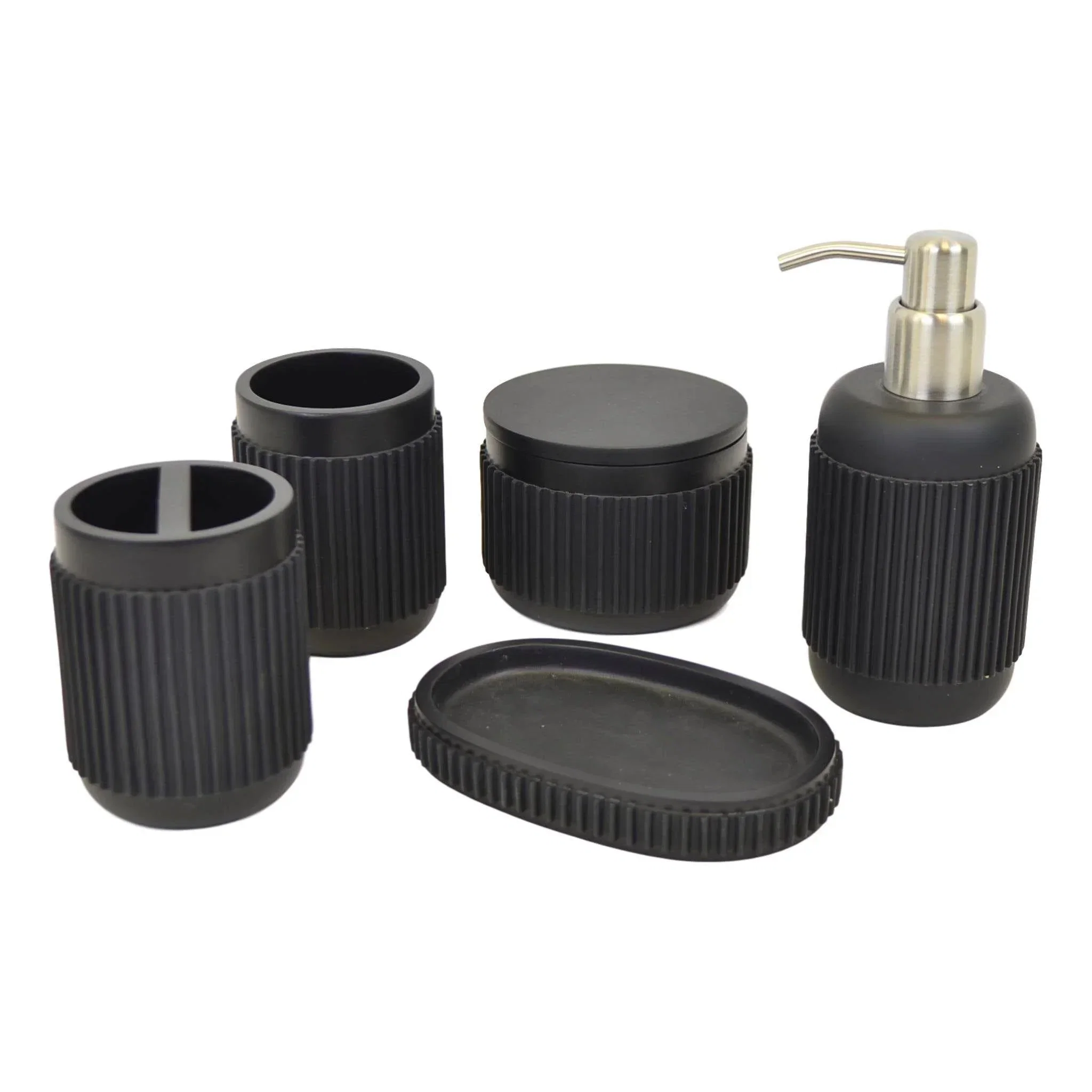 Artisan Black Bathroom Set – 5 Piece Bath Set in Ribbed Design Carefully Designed